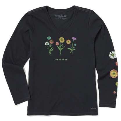 LIG Women's Botanical Flowers Long Sleeve Crusher Vee / Jet Black