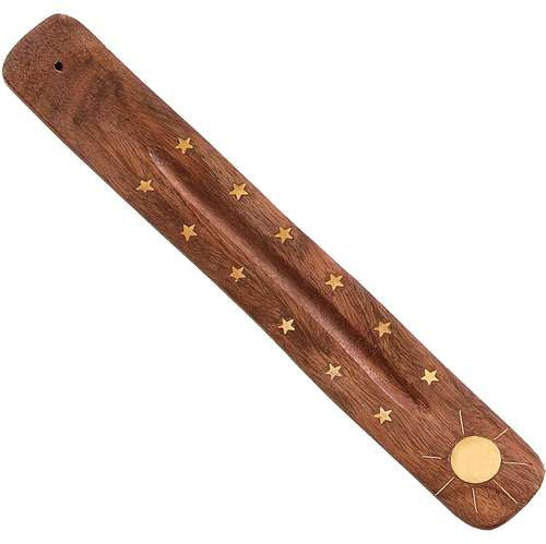 Brass Inlay Wood Incense Holder - Sun